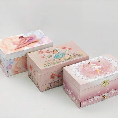 กล่องดนตรีกล่องเครื่องประดับสองชั้นสีชมพูพร้อมนางฟ้า, ดอกไม้, องค์ประกอบบัลเล่ต์, ของตกแต่งบ้าน, ของขวัญวันเกิด, วันครบรอบสำหรับลูกสาว, แฟนสาว