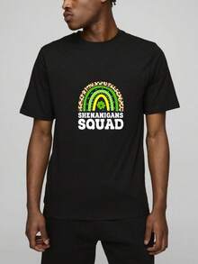 Men's T-Shirt, Women's T-Shirt,  St Patrick's Day Themed Designs Featuring,  Rainbow Pattern With Leopard Print And Green Shamrock Centered Above Text Shenanigans Squad In Bold White Letters On Black T Shirt Comfortable And Versatile Outdoor Casual Short Sleeve - Negro - Ver 4