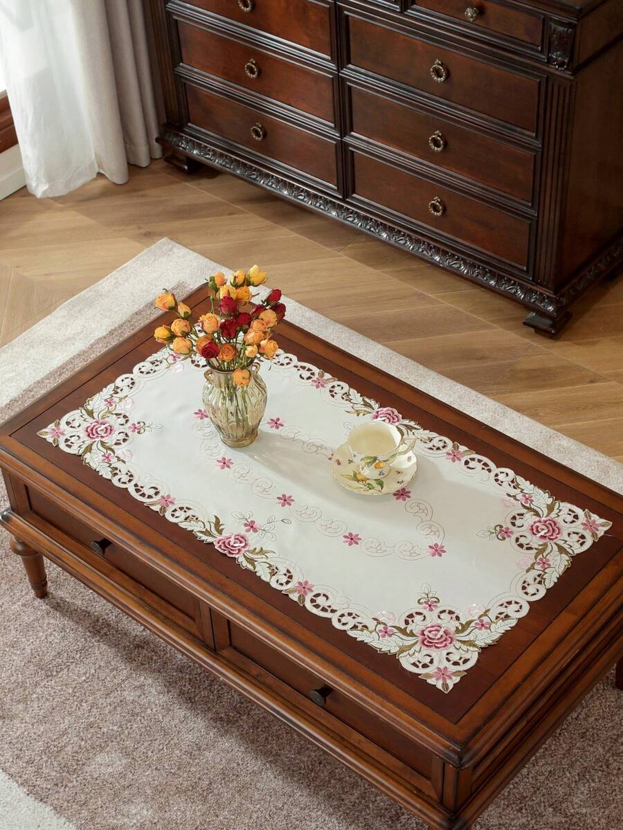 1pc Handmade Embroidered Hollow Floral Tablecloth, Romantic Elegant Dust-Proof Tablecloth, Suitable For Dining Table, Coffee Table, Tea Table, Daily Home Use And Wedding Party Decoration - Red - View 1