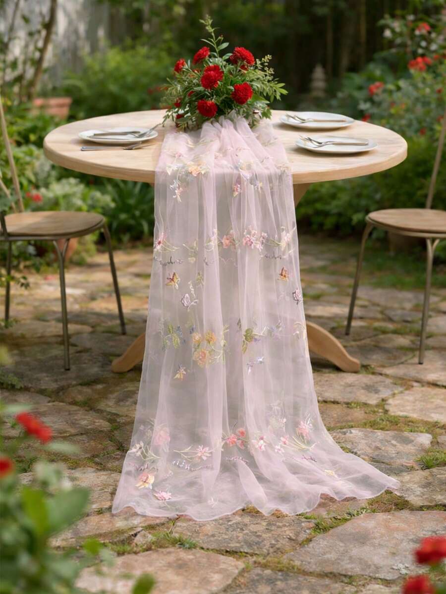 1pc 180*75cm Vintage Colorful Embroidered Floral Table Runner, Floral Pattern Sheer Mesh Tablecloth, Elastic Material, Suitable For Baby Shower Party, Gender Reveal Party, 1st Birthday Party Decoration, Baby Shower Gift, Baby Shower Decor, Gender Reveal Decor, 1st Birthday Party Decor, Dining Table Decor, Party Favor, Holiday Decoration