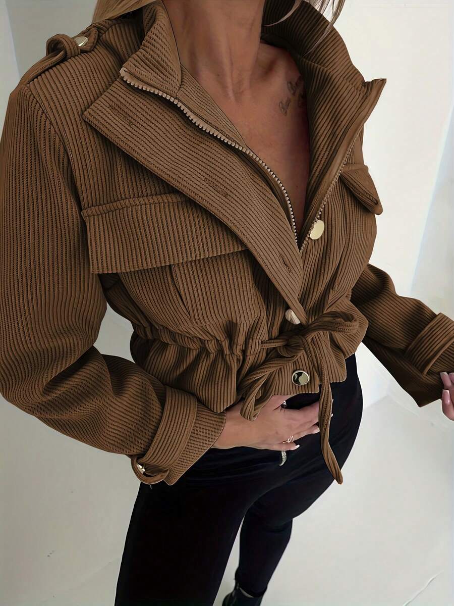 女款秋冬熱銷時尚休閒通勤燈芯絨面料前拉鍊鈕扣腰部繫帶夾克 - 咖啡棕 - 查看 1