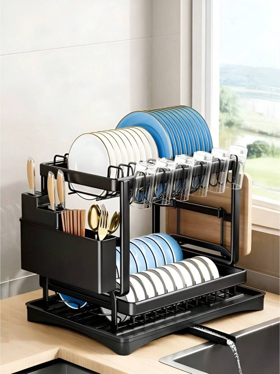 Rejilla de drenaje de acero inoxidable de doble capa de gran capacidad, adecuada para encimeras de cocina - puede sostener platos, cuchillos, tazas y tablas de cortar, de color negro, diseño ahorra espacio, adecuada para cocinas pequeñas, almacenamiento y organización de encimeras de cocina | Accesorios de cocina modernos | Rejilla de drenaje de gran capacidad, adecuada para encimeras de cocina - Especificaciones múltiples - Ver 1