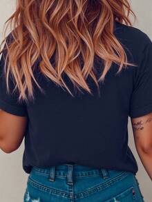 Fashionable Versatile Printed Short Sleeve Women's T-Shirt, Women's Casual Charming Floral Pattern Round Neck Plain T-Shirt Top Summer - Navy Blue - View 2