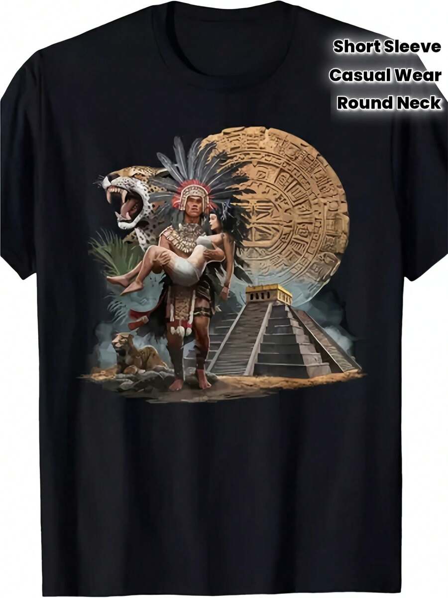 1 pieza Camiseta JAGUAR con diseño de Guerrero Azteca, Maya, Indígena, Mexicana - 220g Algodón Puro, Impresión a una Cara, Cuello Redondo, Manga Corta, Patrón Geométrico, Estilo Casual, Lavable a Máquina, Regalo para Todas las Temporadas, Unisex, Artículos de gran , Suave, Transpirable, Ligera - Cuello Redondo, Corte Regular - Lavable a Máquina, Camiseta de Manga Corta con Estampado Gráfico y Cuello Redondo de Algodón Cómodo, Negra, Tallas S a XXXL, Ropa Casual para Halloween, Día de la Igualdad de las Mujeres, Amor por los Perros - Negro - Ver 1
