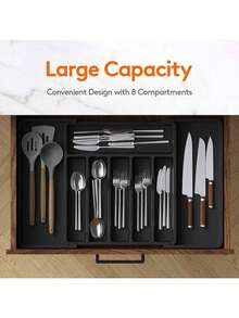 Expandable Cutlery Drawer Organizer - Adjustable Utensil Tray, Knife & Fork Holder, Multi-Function Kitchen Storage Solution, Black, Medium Size - Multicolor - View 2