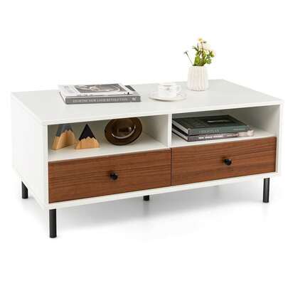  COSTWAY Coffee Table With 2 Drawers & Open Shelves, 40" 2-Tier Center Table With Large Tabletop & 5 Steel Support Legs, Modern Rectangular Cocktail Table, Wooden Accent Living Room Furniture, White