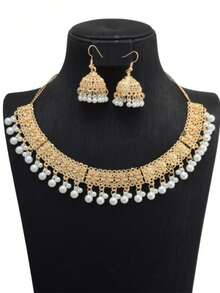 1pc Necklace & 1 Pair Earrings Set, Floral Engraved Necklace, Tassel Bell Earrings, Bohemian Classical Style, Suitable For Holiday, Travel, Party, Formal Occasions For Women - Golden White - View 1
