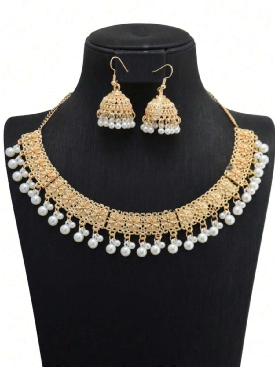 1pc Necklace & 1 Pair Earrings Set, Floral Engraved Necklace, Tassel Bell Earrings, Bohemian Classical Style, Suitable For Holiday, Travel, Party, Formal Occasions For Women - Golden White - View 1