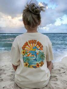 少女休闲印花圆领短袖T恤，夏季上衣 - 杏色 - 查看 8