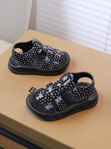 Kids Rhinestone Open Toe Sandals, Girls Magic Tape Closure Easy On/Off, Non-Slip Soft Sole, Kindergarten Outdoor Casual Sandals - Black - View 2