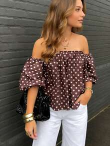 Women's Polka Dot Print Off-Shoulder Puff Sleeve Loose Top, Fashionable Resort Style For Summer - Coffee Brown - View 5