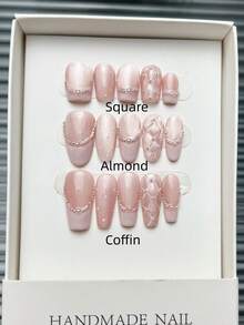 10pcs Handmade Nails Square Almond Coffin Nails Press On Nails Short Medium Long, Cute Pink Nails, French Tip Nails Handpainted Polka Dots Check Pattern, Pearl Chains Inlaid, Premium Universally Flattering Nail Tips, Simple Edgy Elegant Handcrafted Autumn Nails, Modern Aesthetic Fall Nails, Party Daily & Dating Use Beach Tropical Getaway Suitable,DIY False Nail Art Suitable For Women & Girls As Gift Nail Supplies-Cardstock Randomly - Pink - View 2
