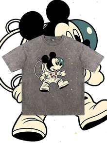 T-shirt d'été pour homme à manches courtes, en pur coton lavé, motif astronaute Mickey Mouse de Disney, effet vieilli, coupe une pièce, tissu en pur coton, confortable et respirant, style streetwear décontracté, col rond ; une marque de mode de haute qualité, un cadeau surprise idéal pour la famille et les amis. - Gris - Voir 1