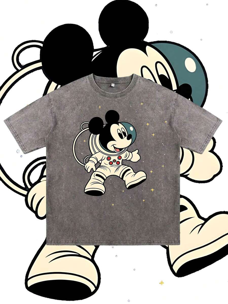T-shirt d'été pour homme à manches courtes, en pur coton lavé, motif astronaute Mickey Mouse de Disney, effet vieilli, coupe une pièce, tissu en pur coton, confortable et respirant, style streetwear décontracté, col rond ; une marque de mode de haute qualité, un cadeau surprise idéal pour la famille et les amis. - Gris - Voir 1