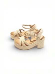 Women's Platform Sandals With Wide Heel And Braided Straps, Jute Espadrille Design With Adjustable Ankle Strap, Comfortable Beige Summer Sandals - 米色 - 查看 2