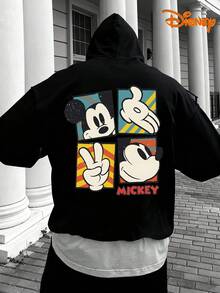 Disney Men's Casual Hoodie, Mickey Gesture Grid Print, Retro Pop Art Design, Oversized Fit, Ideal For  Style - màu đen - Xem 3