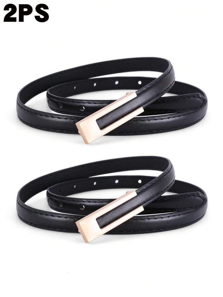 2pcs Square Gold-Tone Smooth Buckle Belts, Fashionable & Elegant For Dresses, T-Shirts, Casual Pants, Daily Wear - Smooth Buckle Waist Belt - View 8