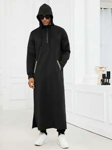 Hooded Thobe With Drawstrings,Modern Islamic Clothing For Men,Kamisweat Thobe,Muslim Men's Long Thobe Kamees - Black - View 4