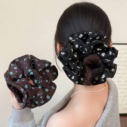 1pc Floral Retro French Style 4-Layer Scrunchie Hair Tie, Korean Elegant Hair Rope For Ponytail, Bun