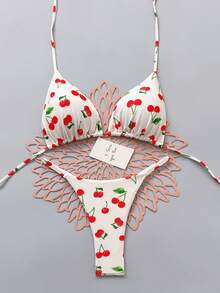 Cherry Print Spaghetti Strap Bikini Set, Suitable For Summer Beach Vacation - Multicolor - View 3