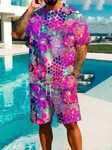 Two-Piece, Colorful And Eye-Catching, Knitted Fabric, Full Of Color, Men's Casual Outing, Summer Casual Outing, Pink And Purple Colorful Floral, Men's Short-Sleeve Beach Pants Set - 彩色 - 查看 2