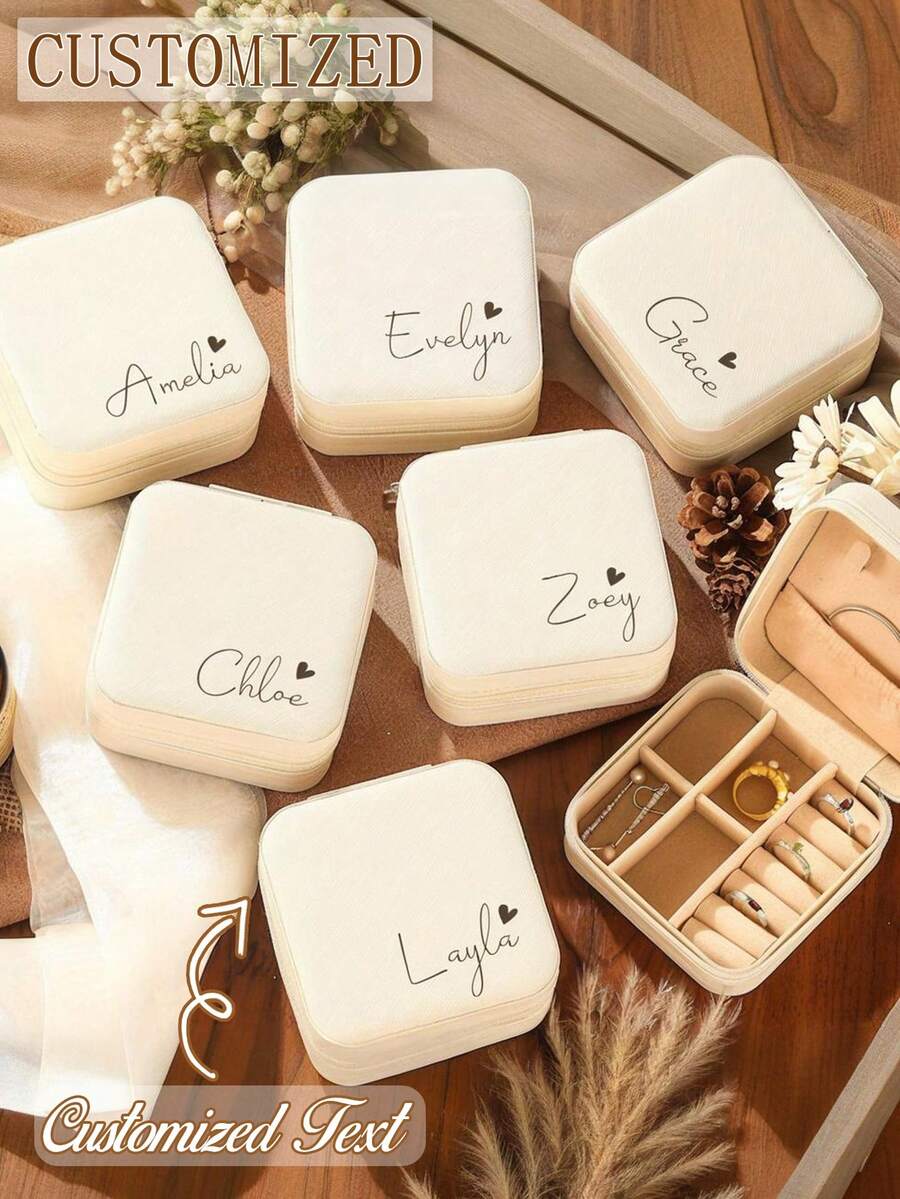 Personalized Name Jewelry Box, Customizable Classic Rectangle Fabric-Lined Travel Case With Zipper Closure And Cufflink Compartment, Multipurpose Bridesmaid Gift Box, Jewelry Organization | Heart Detail Design, Wedding Keepsake, Birthday Gift