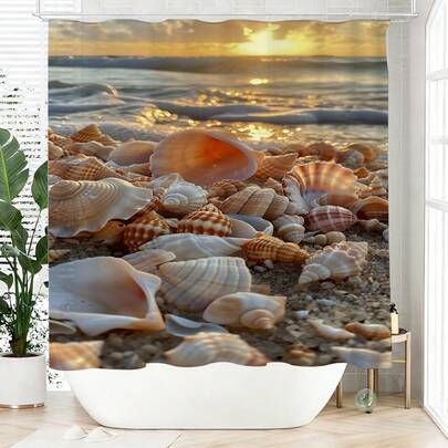 1pc Polyester Fabric Shower Curtain, Waterproof, Non-Shading, Suitable For Home And Bathroom Decor, Comes With 12 Hooks