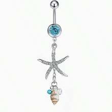 1pc Rhinestone Starfish & Seashell Navel Ring, Stainless Steel Ocean Series Belly Button Piercing - Multicolor - View 3