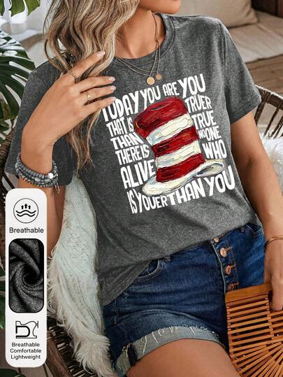 Áo thun nữ cỡ lớn kẻ sọc đỏ trắng, cổ tròn, tay ngắn, kiểu dáng thường ngày, thích hợp mặc mùa hè, in hình khẩu hiệu hài hước.