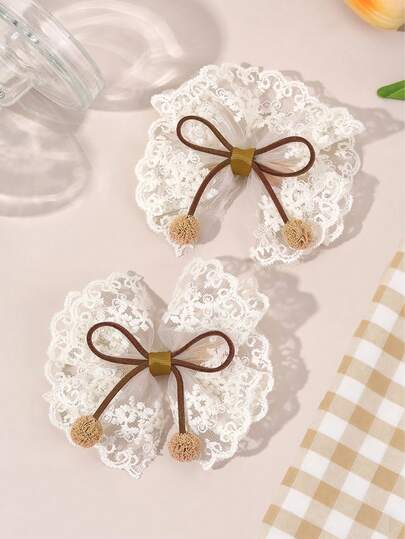 2pcs Lace Hair Bows For Girls Khaki Ball Bow Hair Clips Elegant Wedding Party Hairpins Casual Daily Barrettes Baby Hair Accessories
