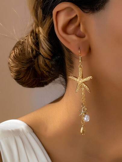 2 יחידות עגילי גדילים פשוטים ואלגנטיים, עגילים תלויים ממתכת בצורת כוכבי ים וצדפים, מתאימים לחופשת חוף