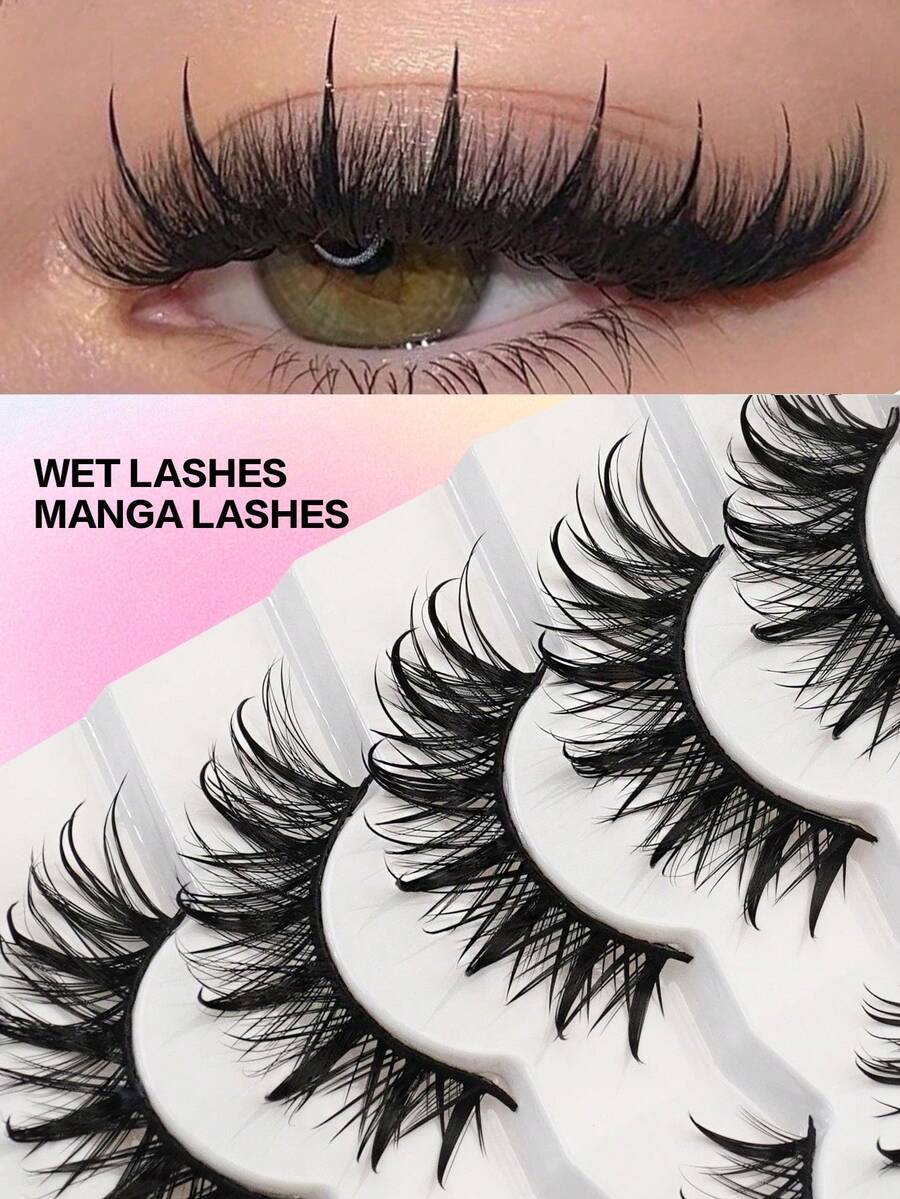 Waloshow 7 Pairs Luxurious Dramatic Fairy Wet False Eyelashes - Spiky & Thick & Fluffy Style With Wet Look & Moisturized Feel Reusable Fake Lashes
