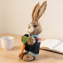 Easter Straw Bunny Decoration Holding Carrot/Eggs/Flowers Rattan Rabbit Figurines Table Centerpiece For Home Farmhouse Holiday Spring Party Tiered Tray Decor - C - View 6