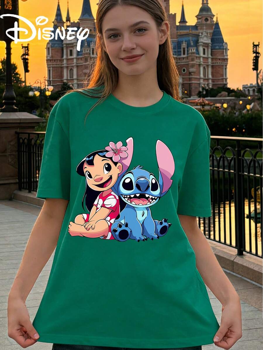 Disney StarCraft Baby Lilo And Stitch Same Frame Printed Loose Short Sleeve T-Shirt Women's Casual Top - 綠色 - 查看 1