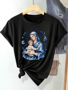 Camiseta De Mujer De Estilo Deportivo Casual Para Primavera, Verano Y Otoño, Con Estampado De La Virgen María Sosteniendo A Jesús Con Flores Y Follaje Azules De Pascua, Suave Y Cómoda, De Cuello Redondo Y Manga Corta, Disponible En Tallas S-XXL - [Oscuro] - Ver 1