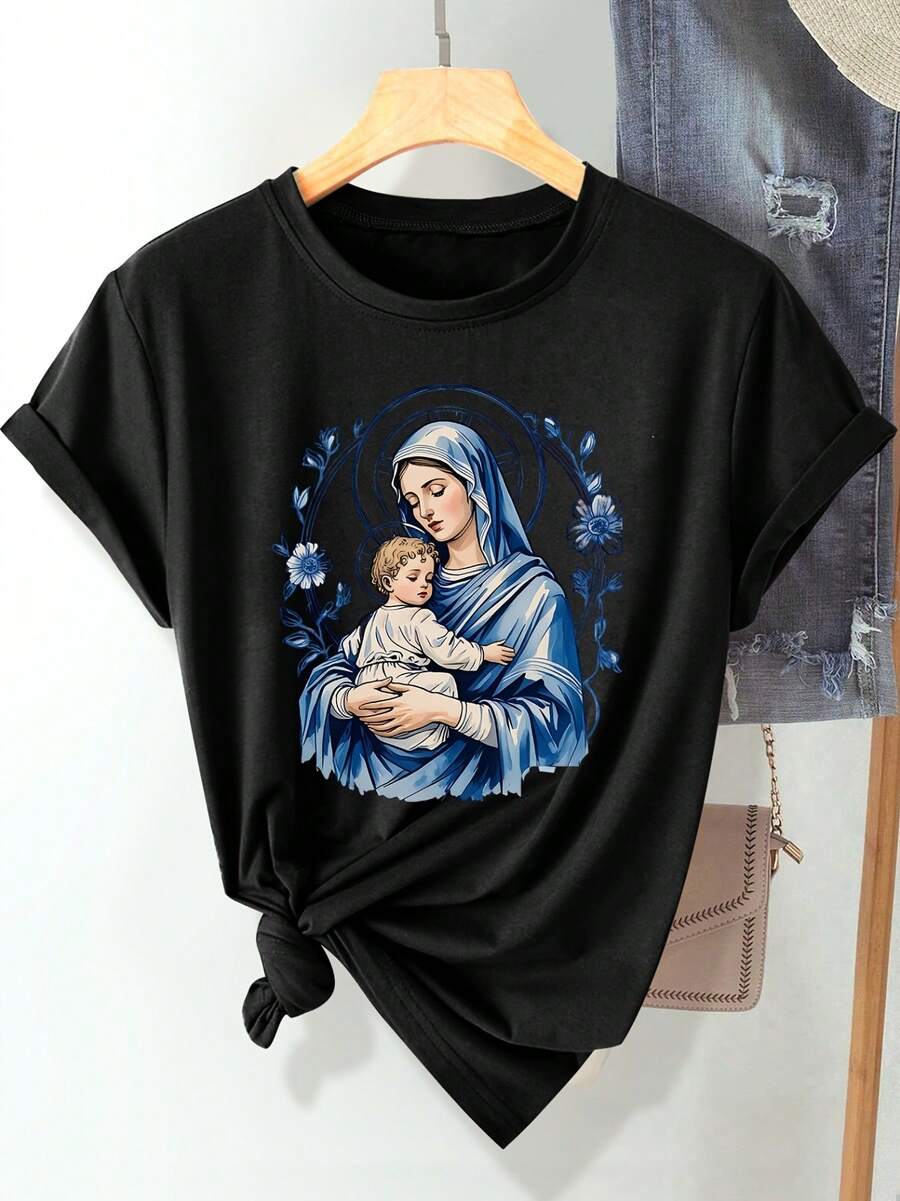 Camiseta De Mujer De Estilo Deportivo Casual Para Primavera, Verano Y Otoño, Con Estampado De La Virgen María Sosteniendo A Jesús Con Flores Y Follaje Azules De Pascua, Suave Y Cómoda, De Cuello Redondo Y Manga Corta, Disponible En Tallas S-XXL - [Oscuro] - Ver 1