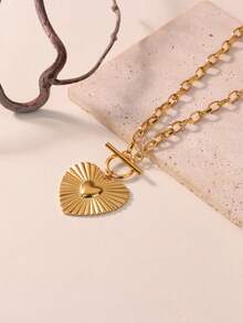 1件装时尚大爱心吊坠项链，女士18K镀金不锈钢OT扣心形颈链，婚礼派对珠宝礼物 - 金黃色 - 查看 5