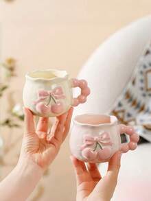 2026ins Girl Style Cream Ceramic Water Cup, Gentle Color Palette, 3D Embossed Cherry And Bow Design On Cup Body, Cloud Beaded Handle, Wavy Rim, Creative Artistic Design With Atmospheric Vibe, Matching Exquisite Ceramic Spoon From The Same Series, Higher Aesthetic Value As A Set. Ceramic, Heat-Resistant, Smooth Glazed Surface, Easy To Clean - Multicolor - View 10