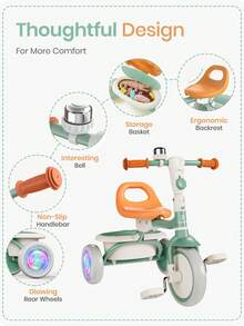 Besrey Colorful Lighting Toddler Tricycle For Ages 18 Months To 5 Years, Toddler Bike With Bell, Kids Tricycle, Gift For 2-5 Year Olds, Toy For Boys And Girls, Tricycle For Toddlers - Green - View 7