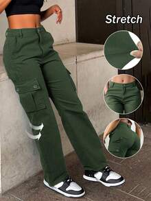 Women Casual Green Cargo Pants Y2K Washed Multi-Pocket Stretch Baggy Wide Leg Pants Sexy Streetwear Loose Pants, 2026 Summer. - Green - View 1
