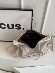 Women's Minimalist Color Block Fringe Zipper Decor Tote Bag - White - View 5