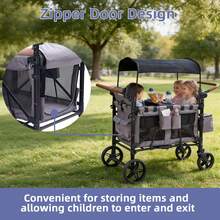 Wagon Stroller For 4 Kids, 4 Seater Wagon Stroller With Snack Tray, With Canopy, Adjustable Handlebars,Foldable Wagon Stroller 4 Seater - Grey - View 5