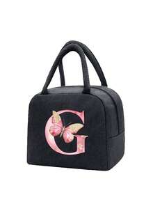 Pink Butterfly & Letter Pattern Insulated Lunch Bag, Thermal Lunch Box, Suitable For Students, Office, Camping, Picnic, School, University, Lightweight Portable Canvas Lunch Storage Bag - Multicolor - View 13