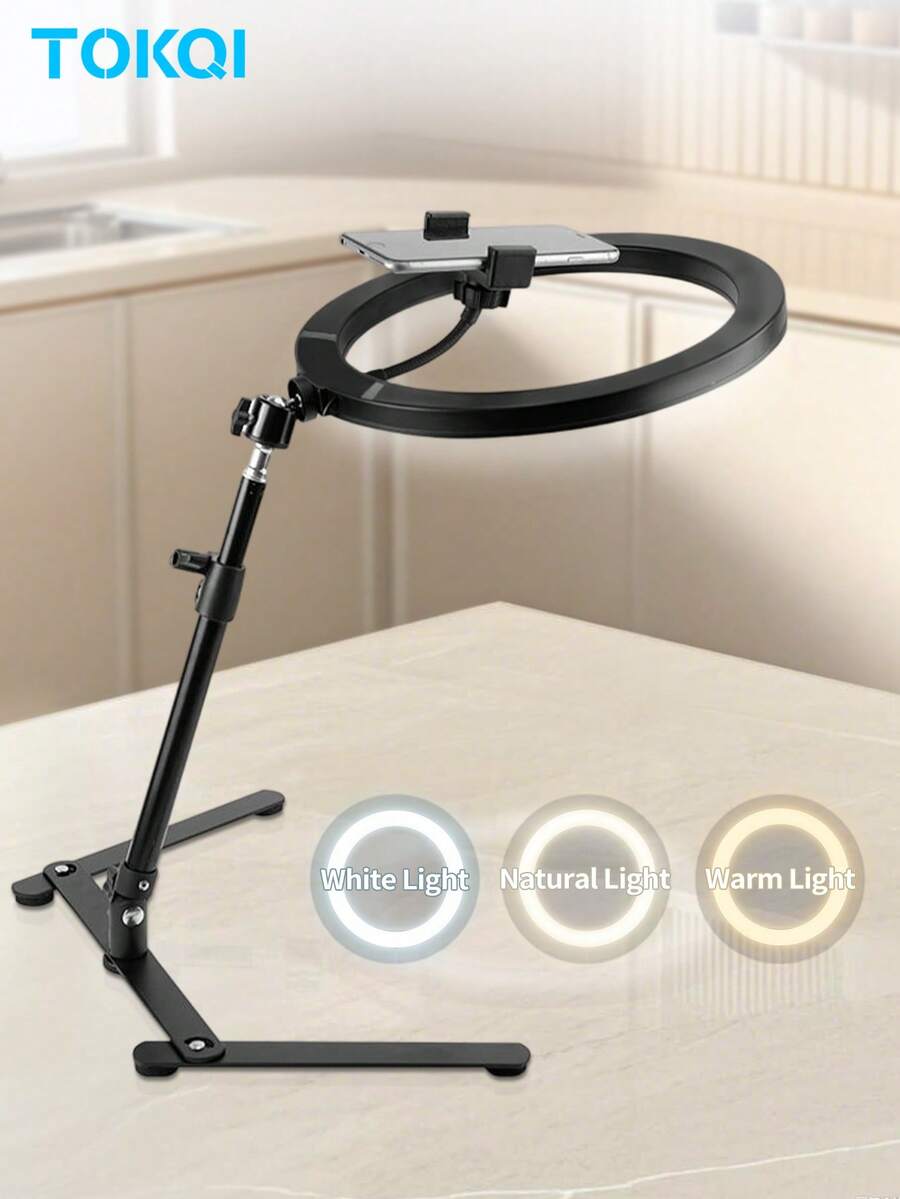 TOKQI 可调节大尺寸手机摄影配件三脚架带环形灯落地式手机支架可旋转多功能桌面/落地三脚架，适用于手机直播录制、烹饪、绘画、摄影等，是妇女节、生日、周年纪念日等场合的理想礼物。 - 環形燈+支架套裝 - 查看 1