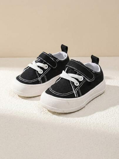 1 Pair Baby Boys' Black Canvas Sneakers With Hook And Loop Closure, Lace-Up Design, Round Toe, Soft And Flat Bottom, Comfortable, Casual Baby Shoes, Suitable For Daily Outdoor Activities, Sportswear, Climbing, Hiking And Travelling Outfits, All Seasons