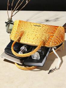 Luxury Crocodile Pattern Handbag, Retro Genuine Purse, Women's Classic Boston Bag & Shoulder Bag - Màu vàng - Xem 7