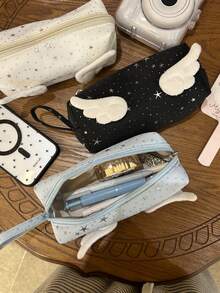 1个18cm*8cm*7cm尼龙手提包，水钻星星设计，羽毛装饰化妆品收纳包，新款ins风少女大容量化妆包，便携式文具袋，适合学生、中小学生，可装化妆品和文具 - 單件 - 查看 4