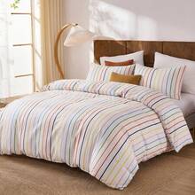 Rainbow Striped Duvet Cover Set Queen Size, 100% Cotton Bedding Set With Zipper Closure & 8 Corner Ties, Luxury Linen Like Bedding, Soft Breathable Comforter Cover For All Seasons - 彩色 - 查看 2