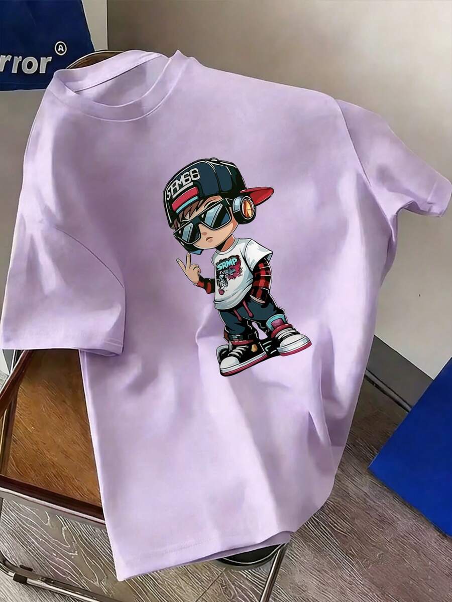 Tween Boys Casual Printed Round Neck Short Sleeve T-Shirt, Summer Top - Mauve Purple - View 1