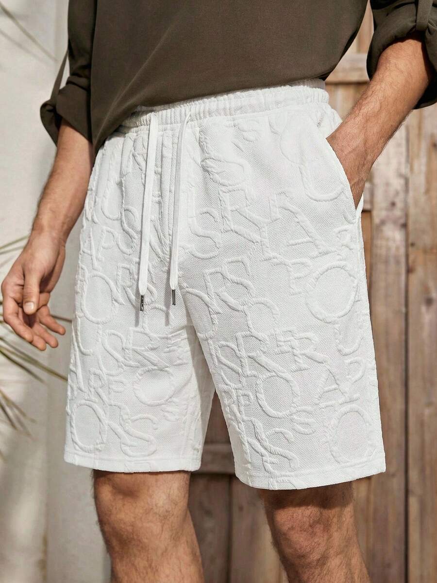 Mercer Haus 男士休闲抽绳腰带口袋提花沙滩短裤，夏季 - 白色 - 查看 1